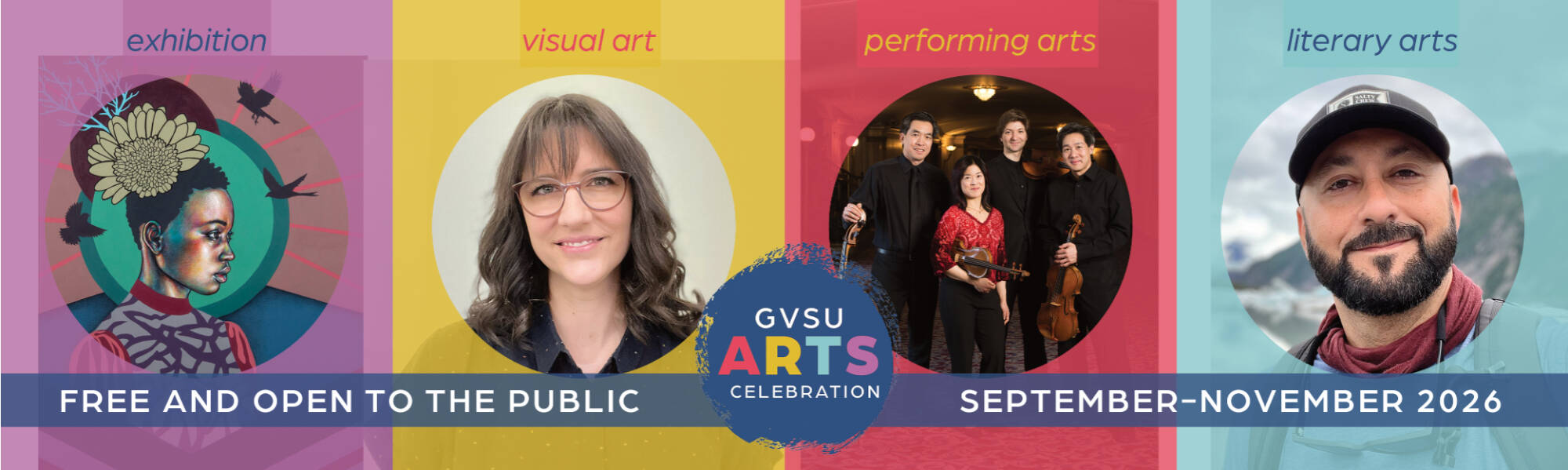 four images in colorful squares depicting the artists of this year's Art Celebration